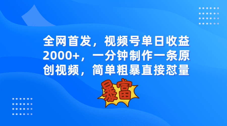 全网首发，视频号单日收益2000+，一分钟制作一条原创视频，简单粗暴