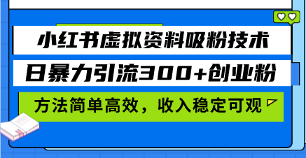 （13345期）小红书虚拟资料吸粉技术，日暴力引流300+创业粉，方法简单高效，收入稳…